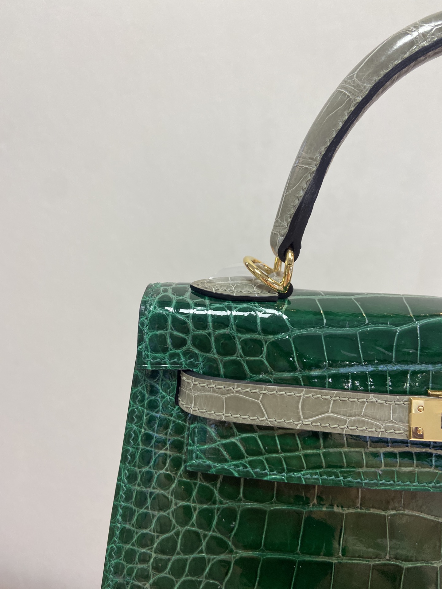 Hermes Kelly 25cm Handbag Shoulder Bag In Deep Green Grey Shiny Crocodile Niloticus Leather